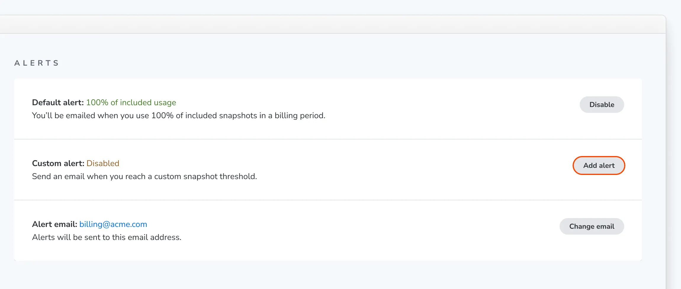 The Alerts section of the Billing page with the default alert enabled